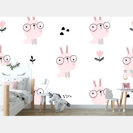 Wall mural playful pink bunny pattern for nursery • Wallissimo®