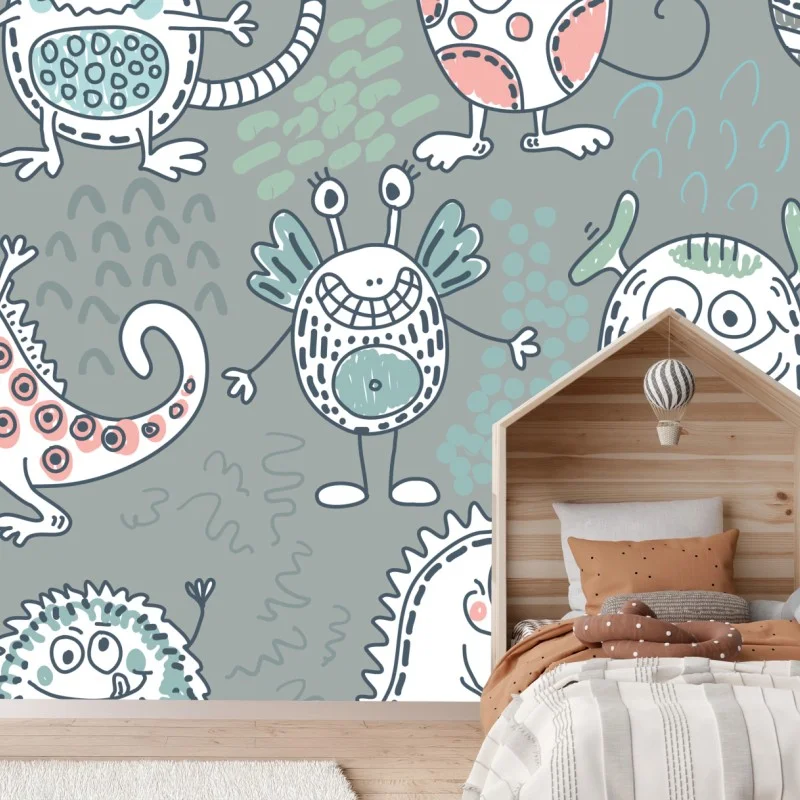 Wall mural playful pastel monster pattern