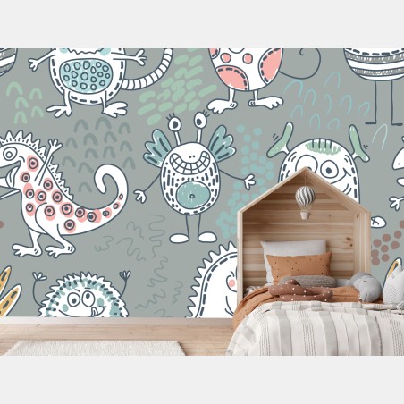 Wall mural playful pastel monster pattern • Wallissimo®