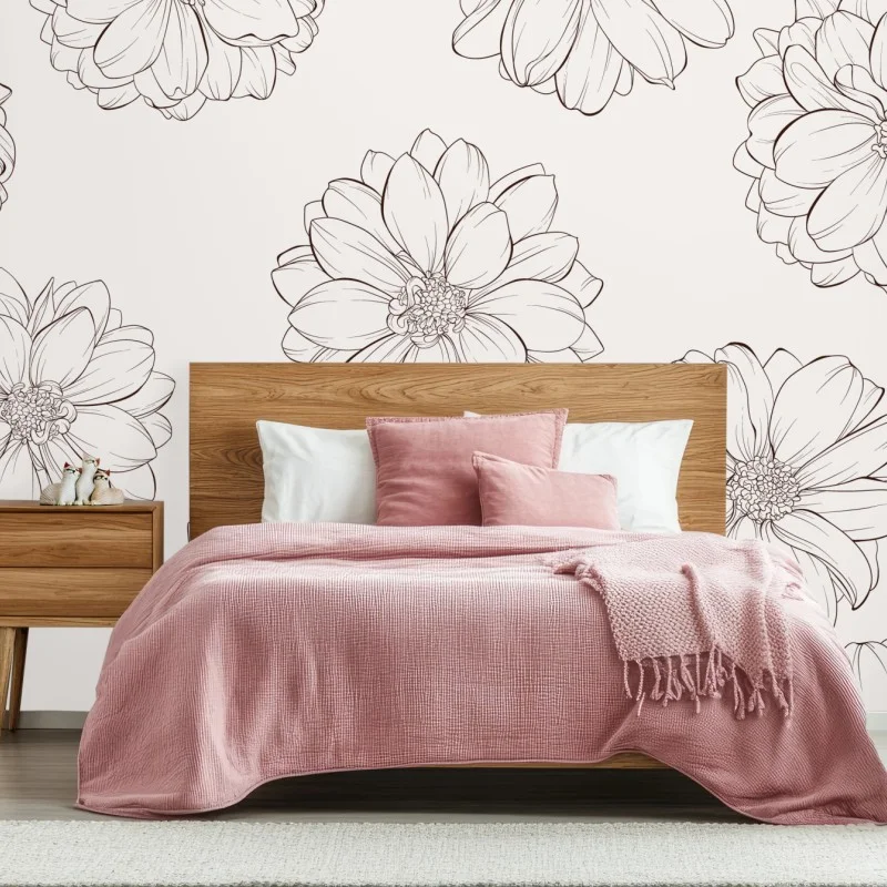 Wall mural delicate line flower pattern on beige
