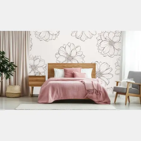 Wall mural delicate line flower pattern on beige • Wallissimo®