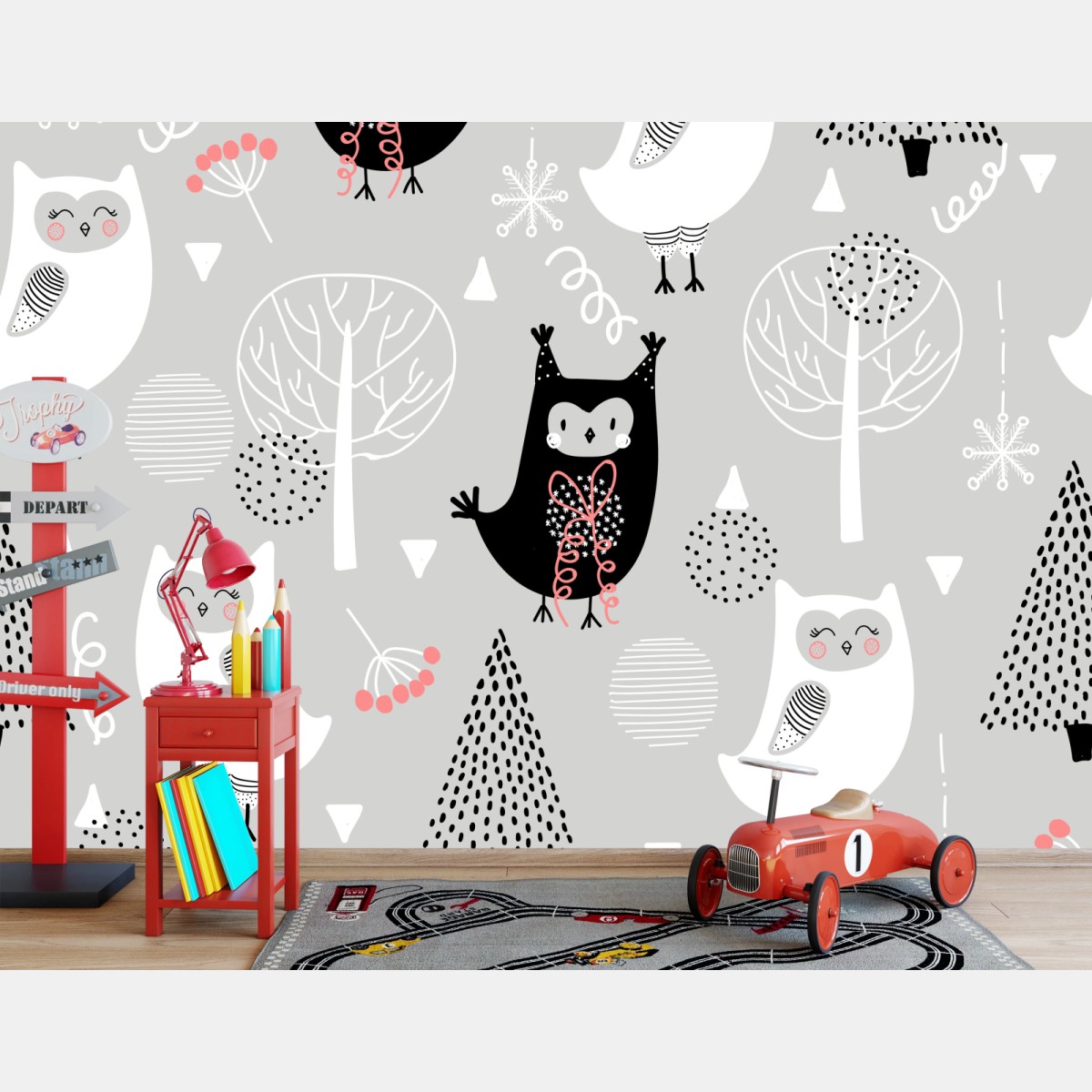 Wall mural scandinavian owl nursery pattern • Wallissimo®