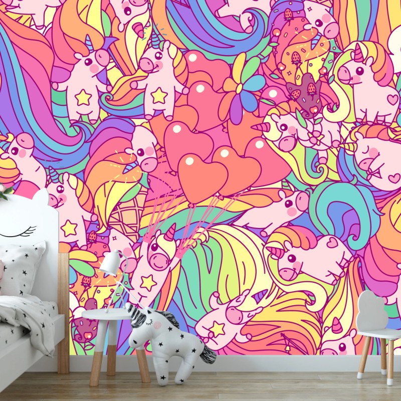 Wall mural playful pastel unicorns pattern