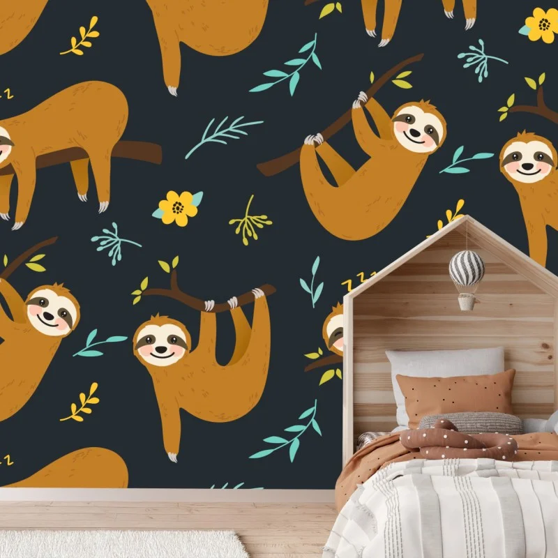 Wall mural cute sleepy sloth pattern for kids room