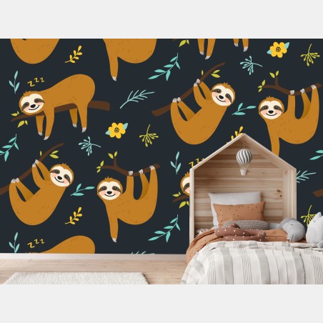Wall mural cute sleepy sloth pattern for kids room • Wallissimo®