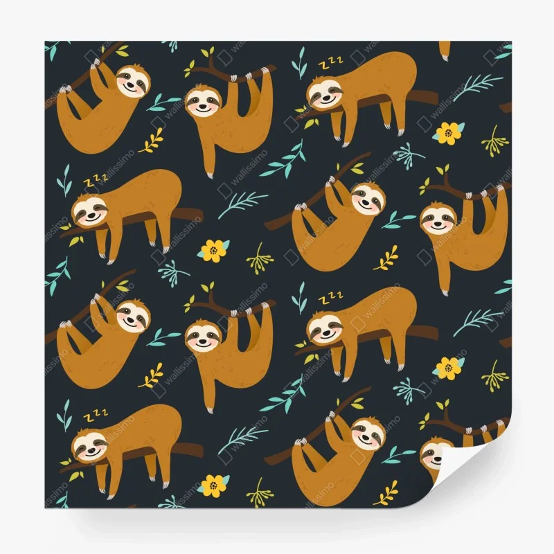 Wall mural cute sleepy sloth pattern for kids room