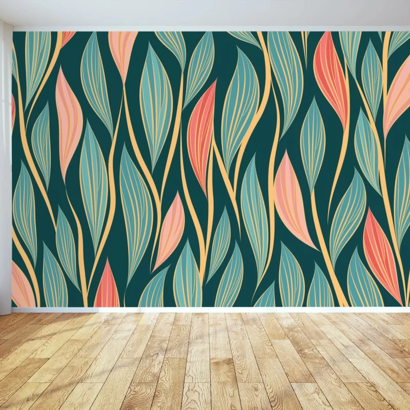 Wall mural botanical leaf pattern in teal and coral