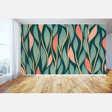 Wall mural botanical leaf pattern in teal and coral • Wallissimo®
