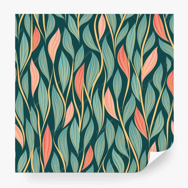 Wall mural botanical leaf pattern in teal and coral