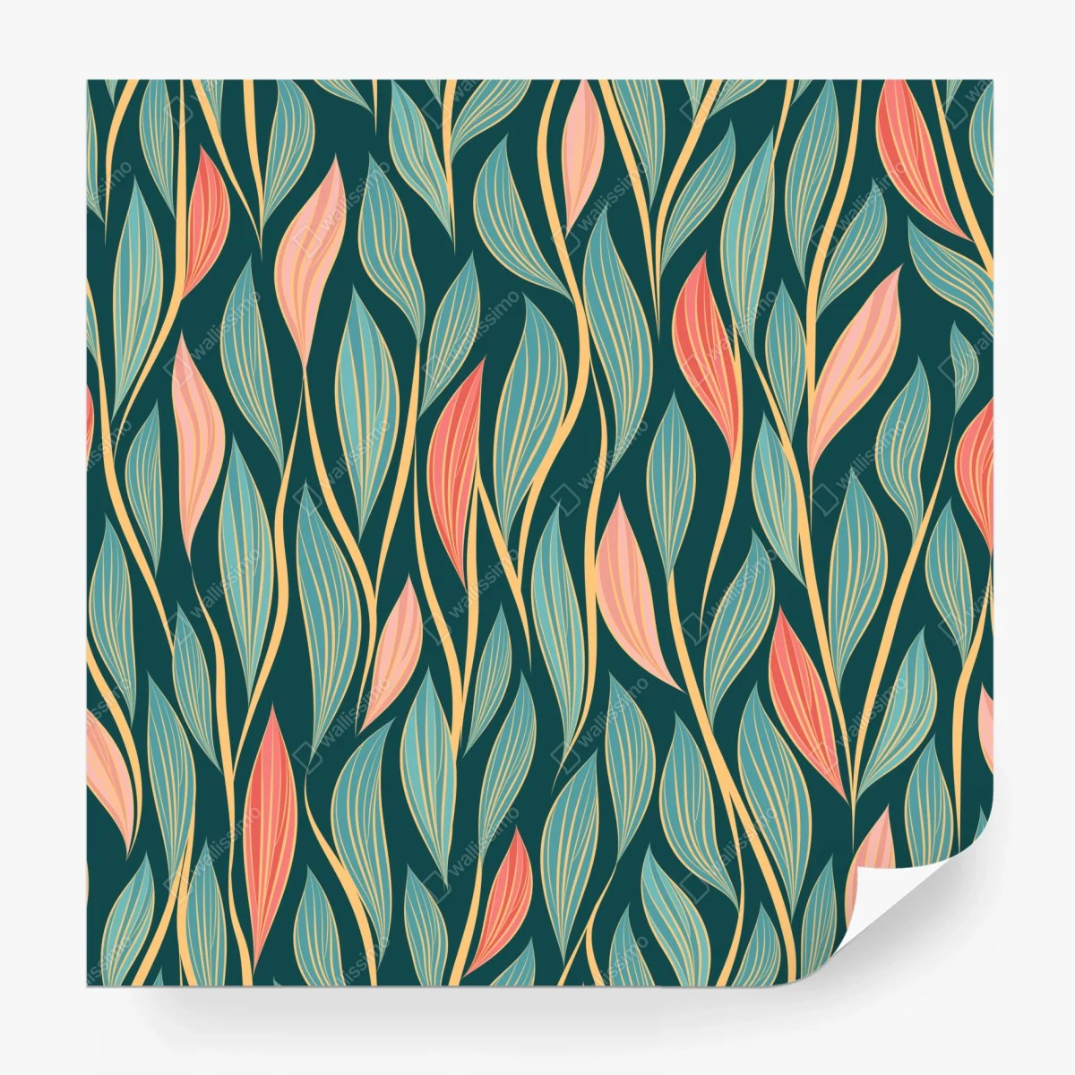 Wall mural botanical leaf pattern in teal and coral • Wallissimo® Wall mural botanical leaf pattern in teal and coral • Wallissimo®