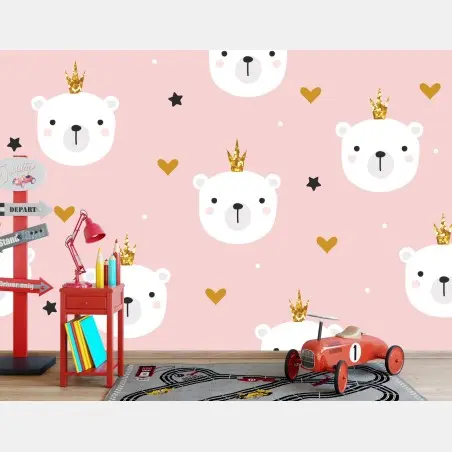Wall mural cute polar bear crown pattern for nursery • Wallissimo®