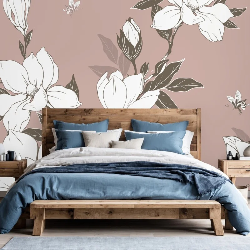Wall mural soft magnolia blossom pattern
