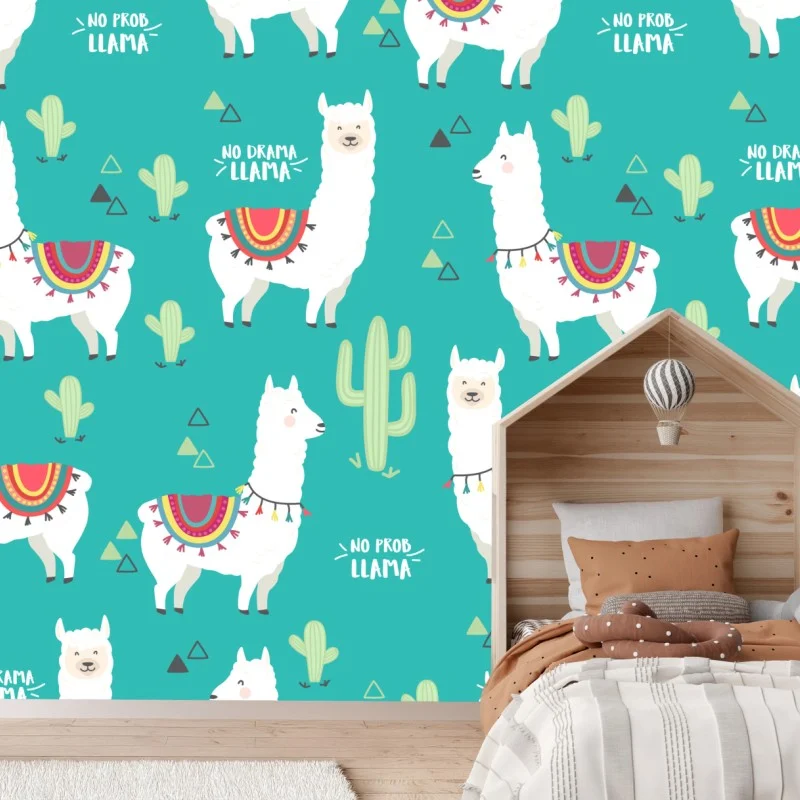Wall mural cheerful llama pattern on turquoise background