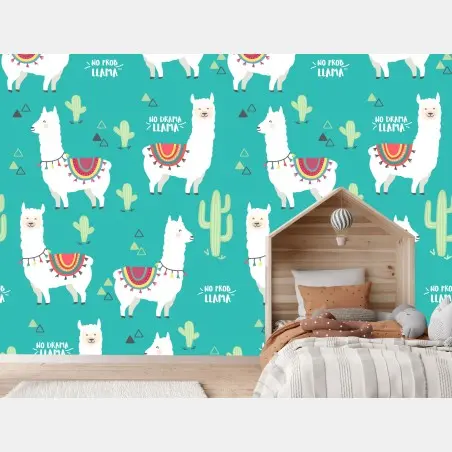 Wall mural cheerful llama pattern on turquoise background • Wallissimo®