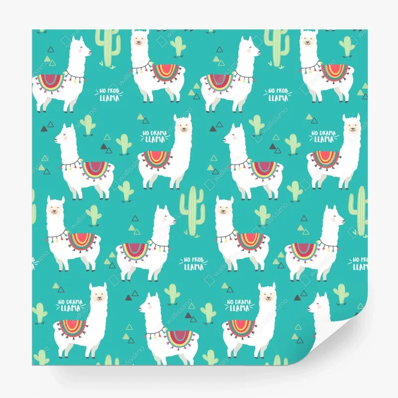 Wall mural cheerful llama pattern on turquoise background