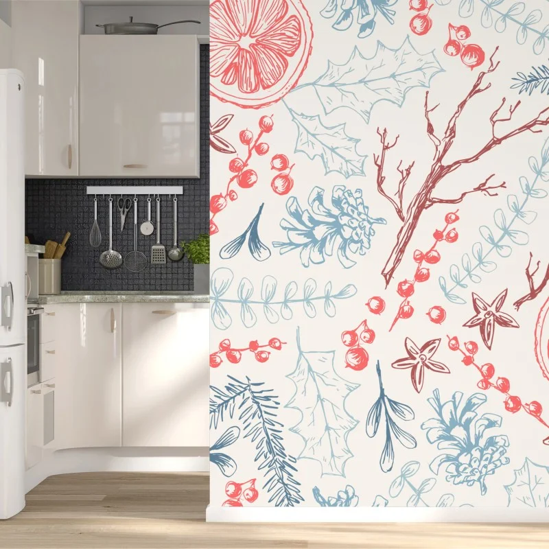 Wall mural hand-drawn winter botanicals pattern