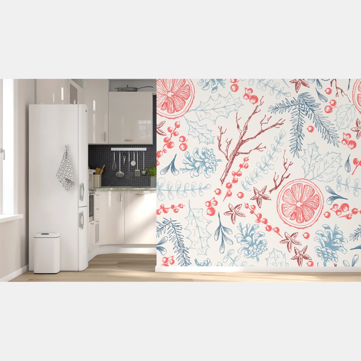 Wall mural hand-drawn winter botanicals pattern • Wallissimo®