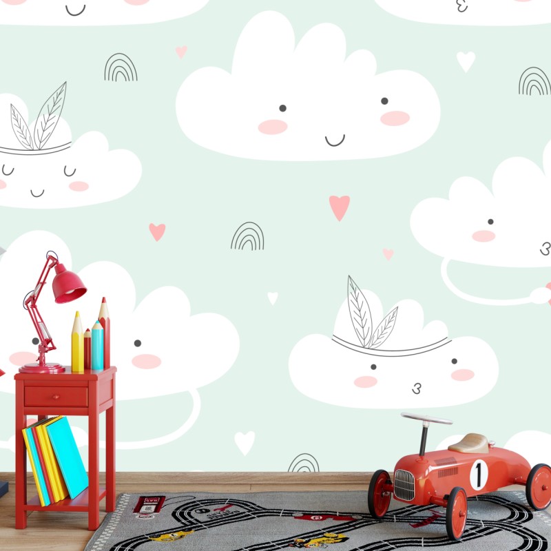 Wall mural smiling clouds pastel nursery pattern