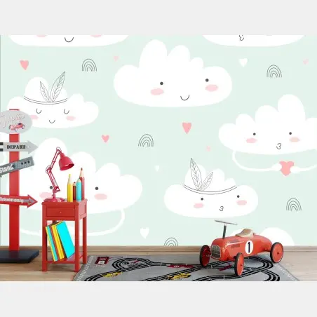 Wall mural smiling clouds pastel nursery pattern • Wallissimo®