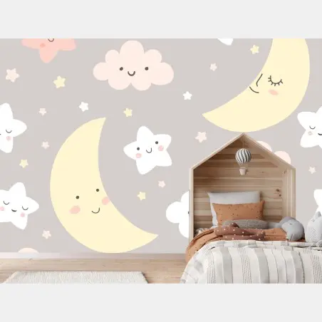 Wall mural sleepy moon and stars nursery pattern • Wallissimo®