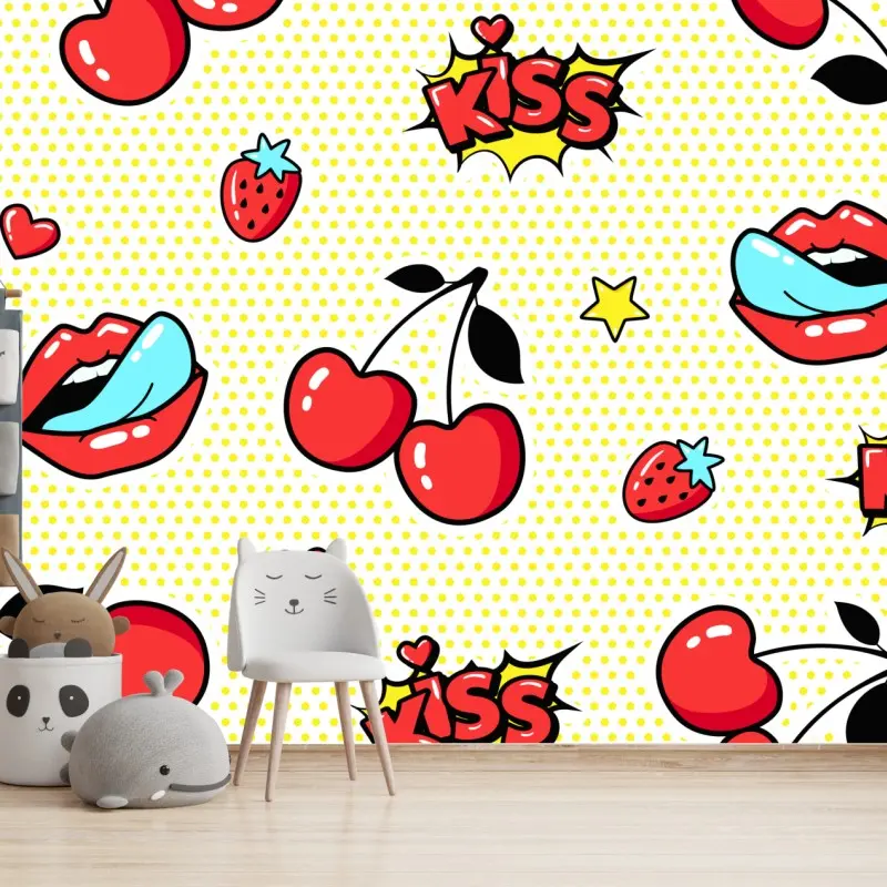 Wall mural playful pop art cherry kiss pattern