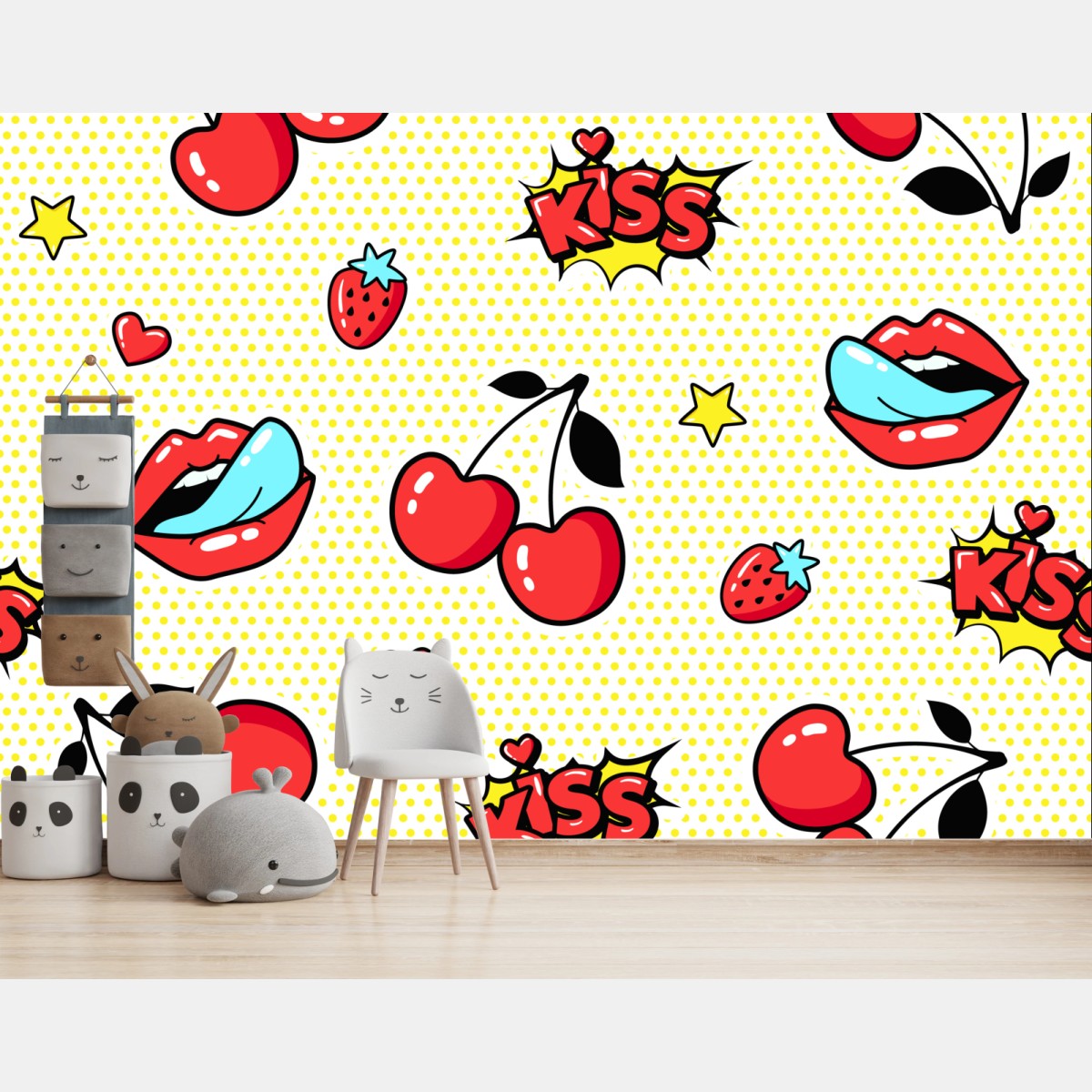 Wall mural playful pop art cherry kiss pattern • Wallissimo®
