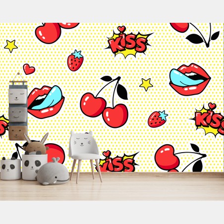 Wall mural playful pop art cherry kiss pattern • Wallissimo®