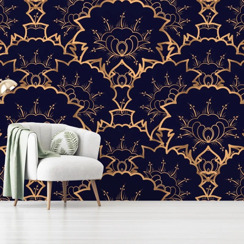 Wall mural luxury gold floral pattern on navy