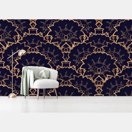 Wall mural luxury gold floral pattern on navy • Wallissimo®