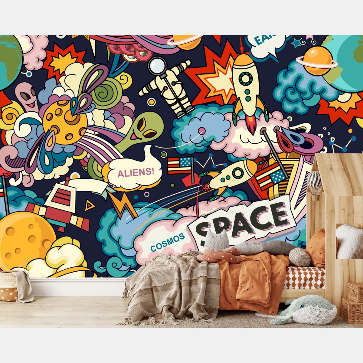 Wall mural colorful cosmic doodle space collage • Wallissimo®