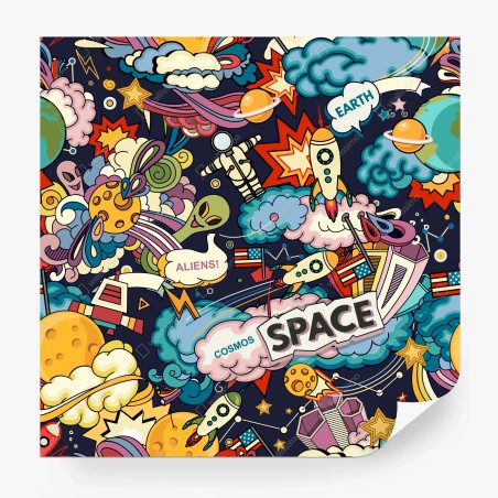 Wall mural colorful cosmic doodle space collage • Wallissimo®
