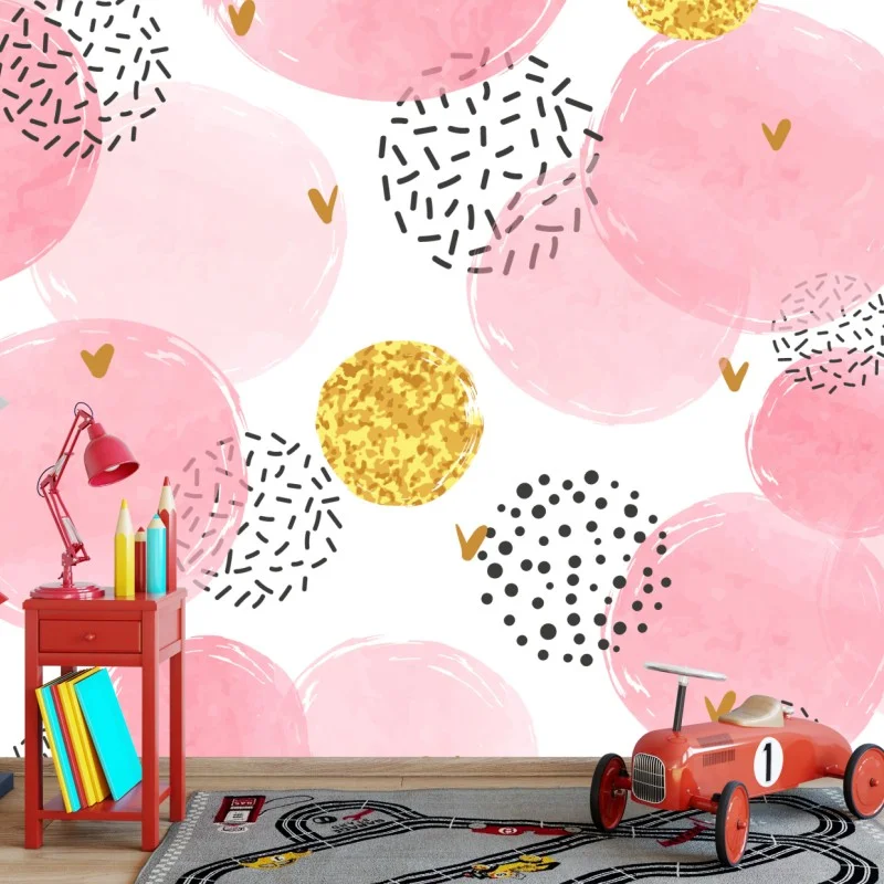 Wall mural pink watercolor circle pattern with gold accents