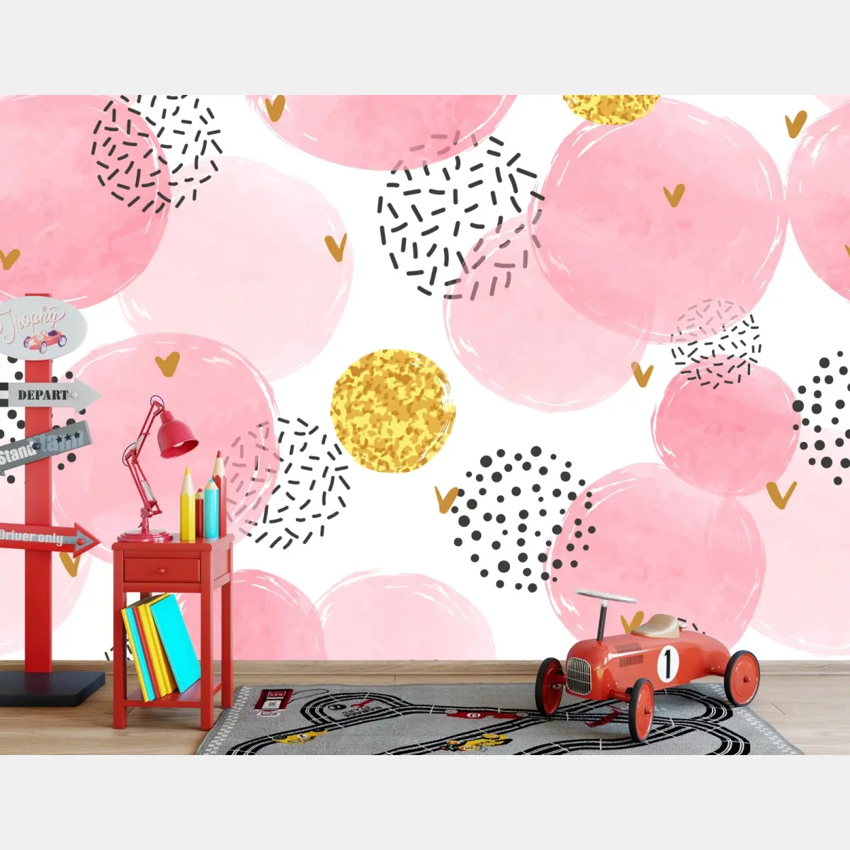 Wall mural pink watercolor circle pattern with gold accents • Wallissimo®