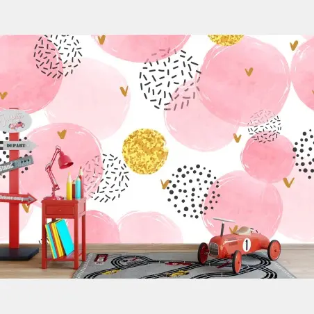Wall mural pink watercolor circle pattern with gold accents • Wallissimo®