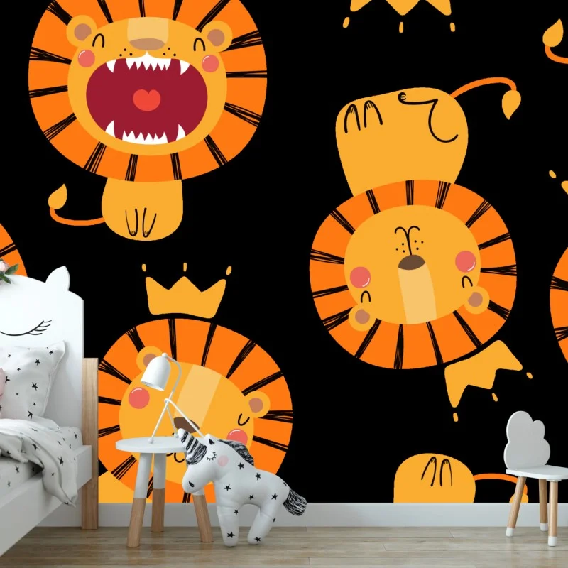 Wall mural playful lion pattern on black background