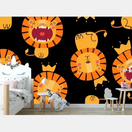 Wall mural playful lion pattern on black background • Wallissimo®