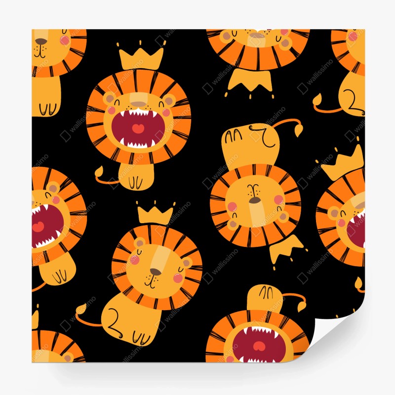 Wall mural playful lion pattern on black background