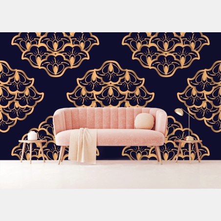 Wall mural luxurious gold damask pattern on deep navy • Wallissimo®