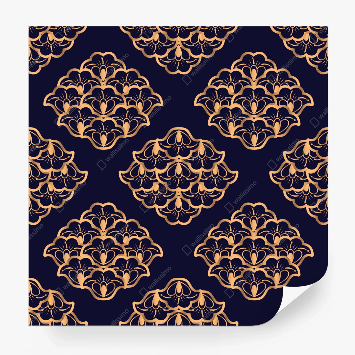 Wall mural luxurious gold damask pattern on deep navy • Wallissimo®