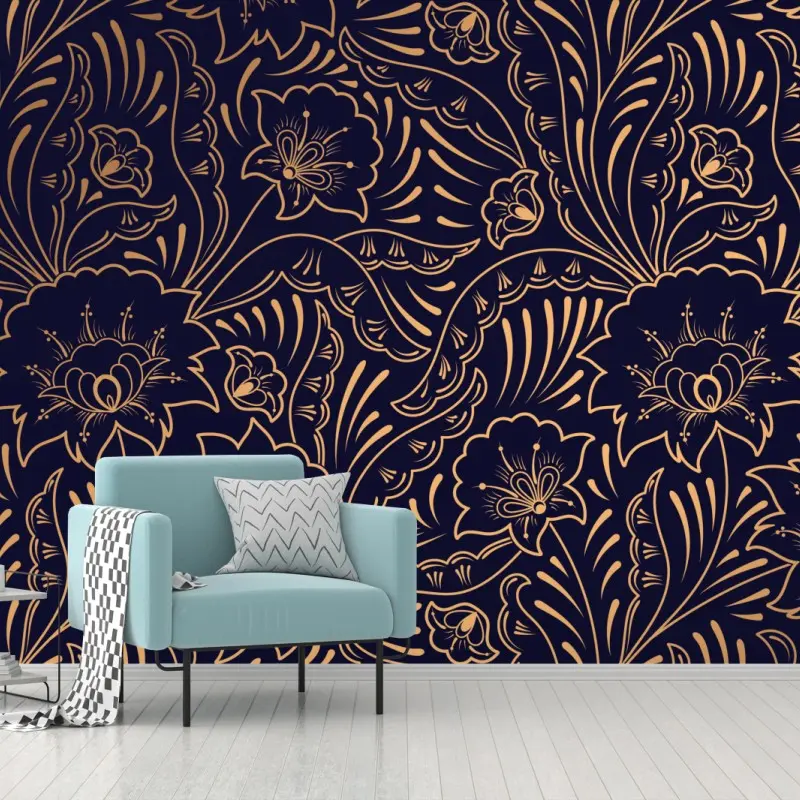 Wall mural gold floral ornamental pattern on navy background