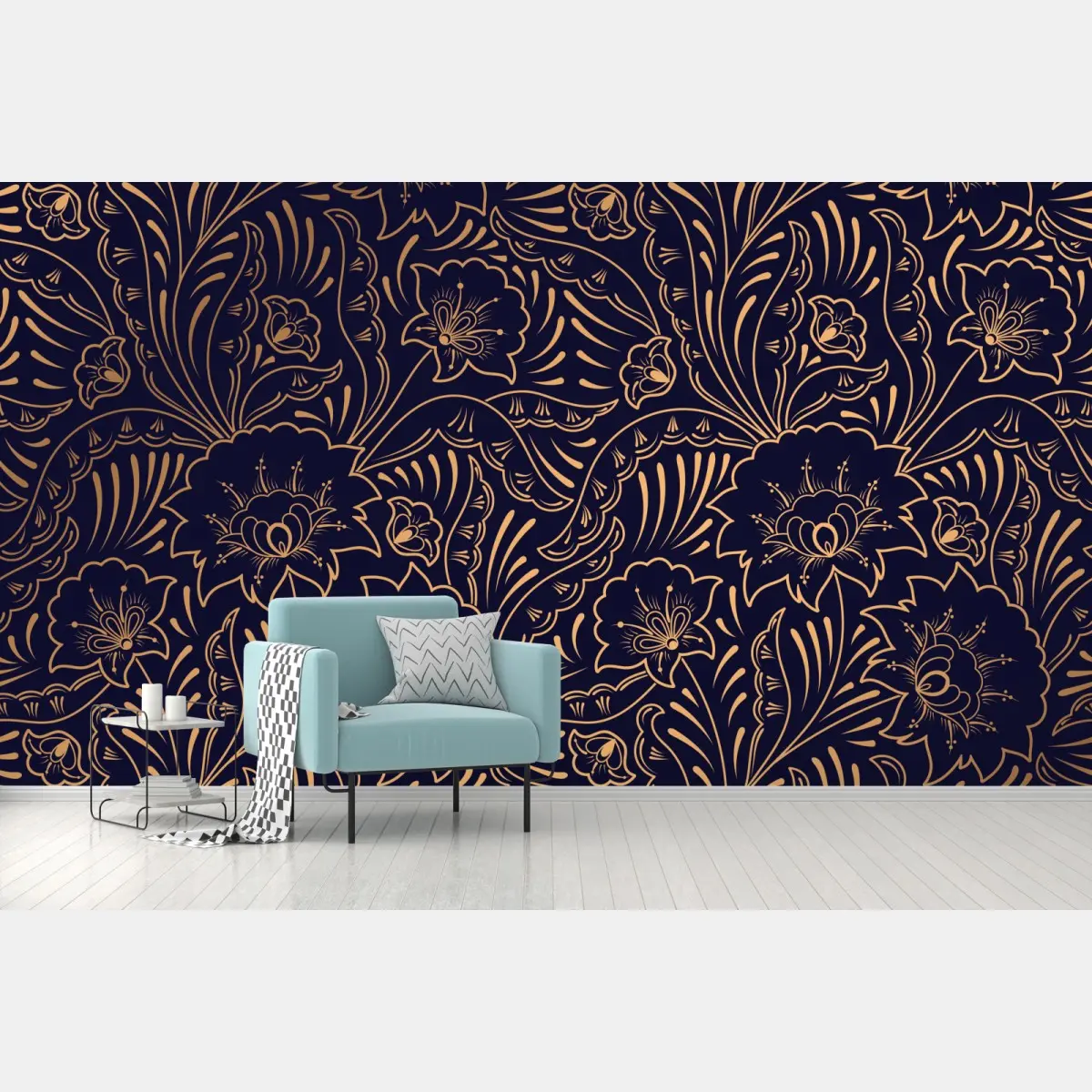 Wall mural gold floral ornamental pattern on navy background • Wallissimo®