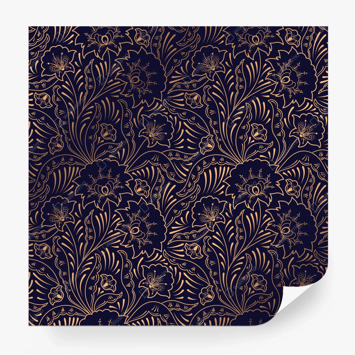 Wall mural gold floral ornamental pattern on navy background • Wallissimo®