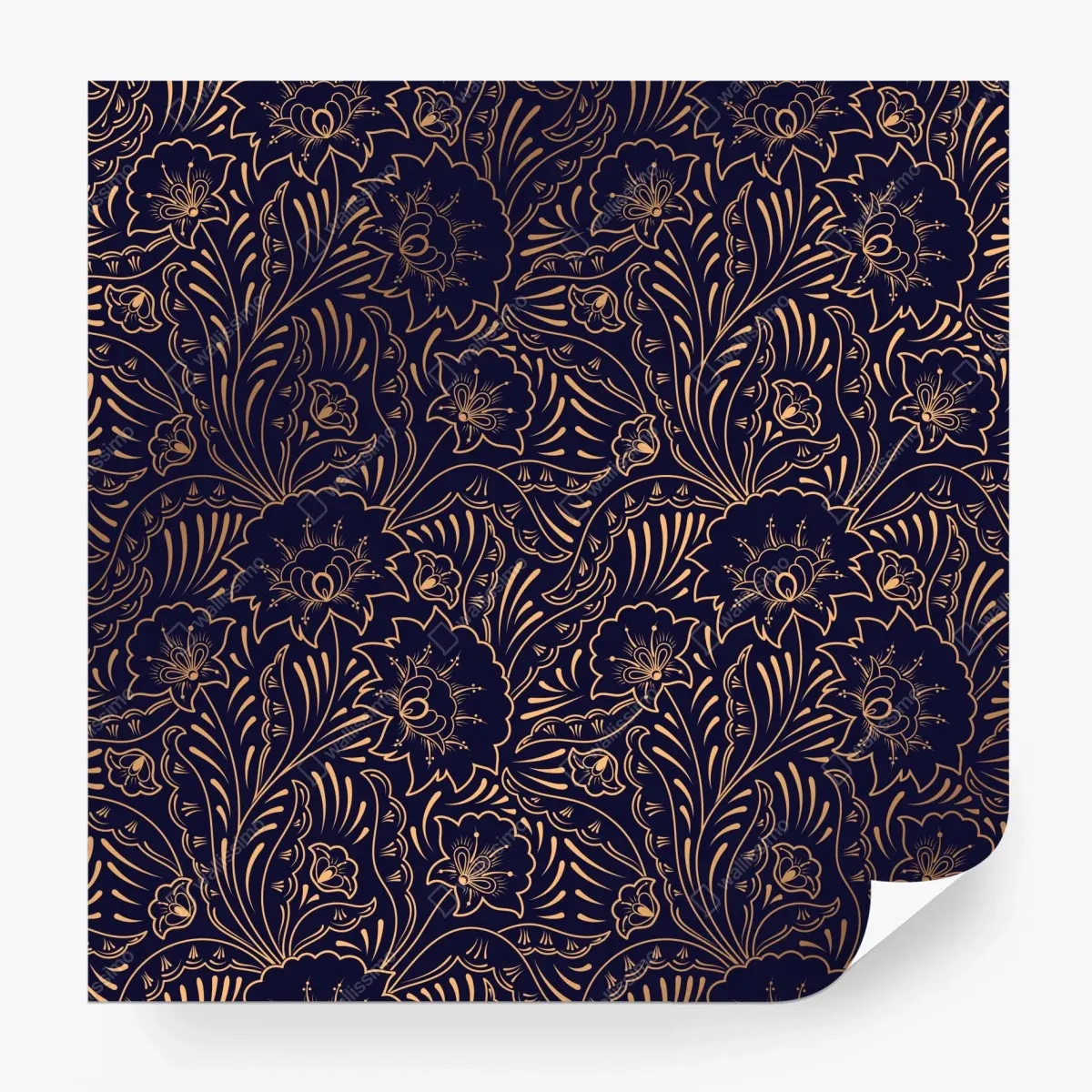Wall mural gold floral ornamental pattern on navy background • Wallissimo®