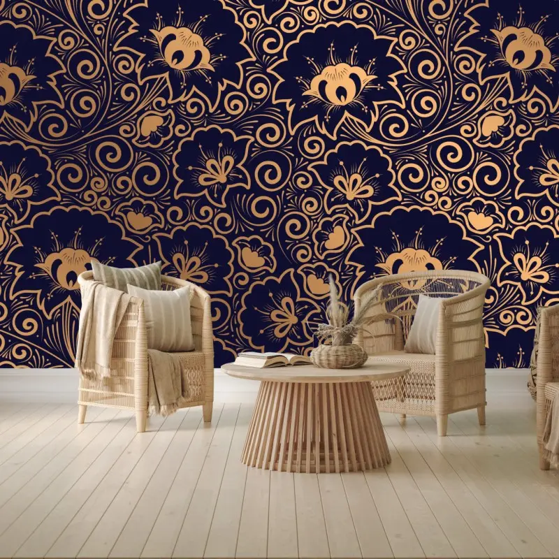 Wall mural luxury gold floral pattern on dark background