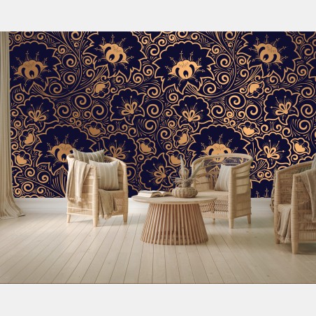 Wall mural luxury gold floral pattern on dark background • Wallissimo®
