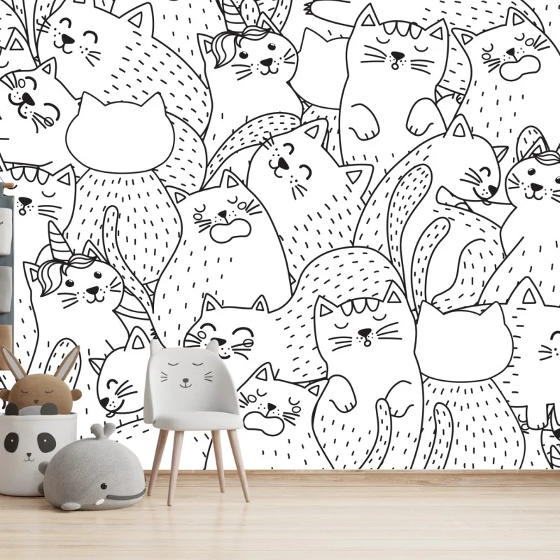 Wall mural hand-drawn cat doodles pattern