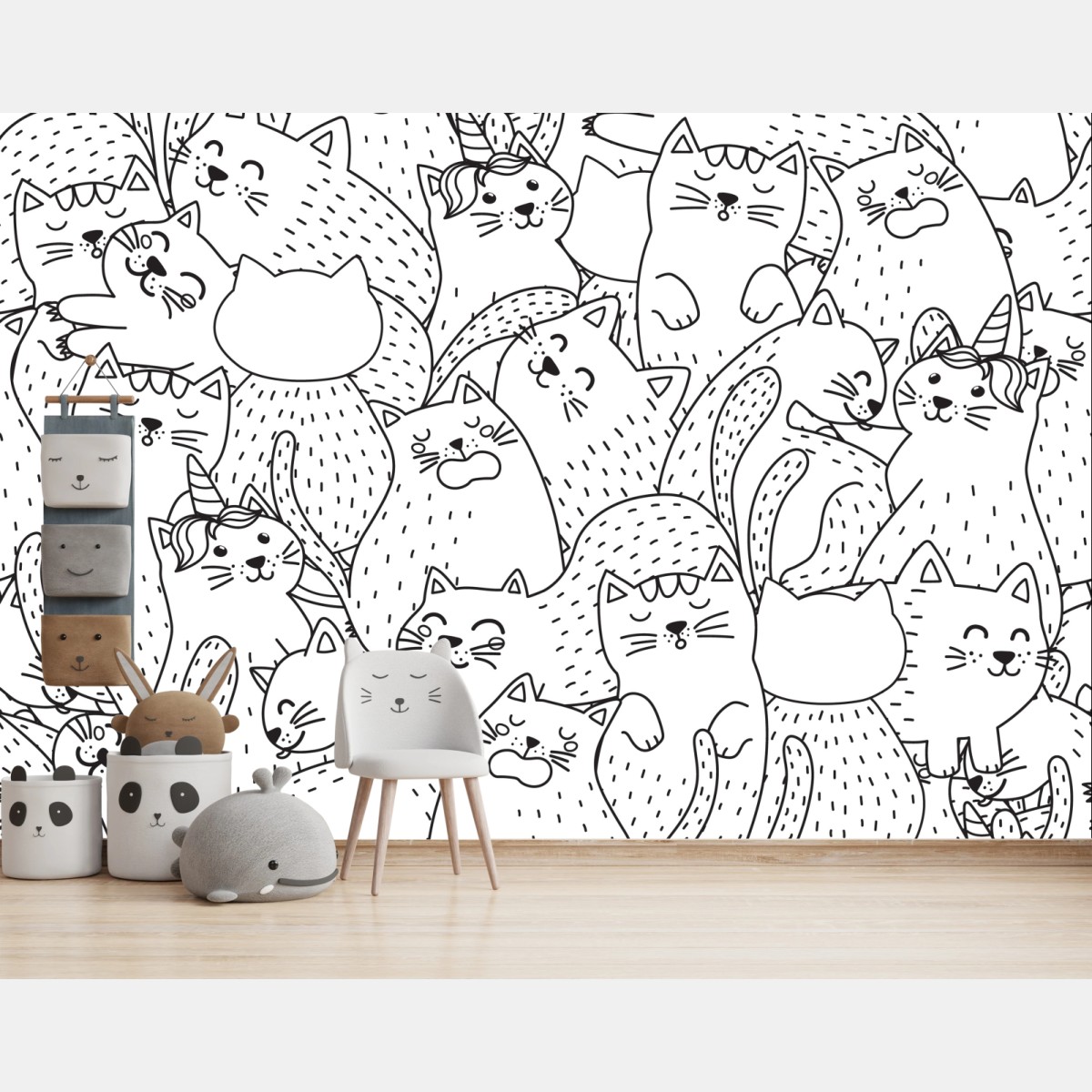 Wall mural hand-drawn cat doodles pattern • Wallissimo®