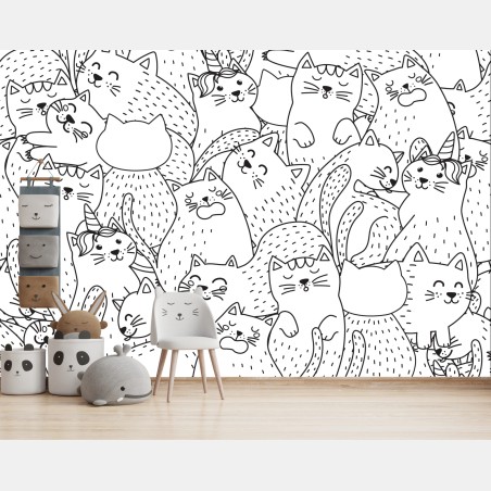 Wall mural hand-drawn cat doodles pattern • Wallissimo®