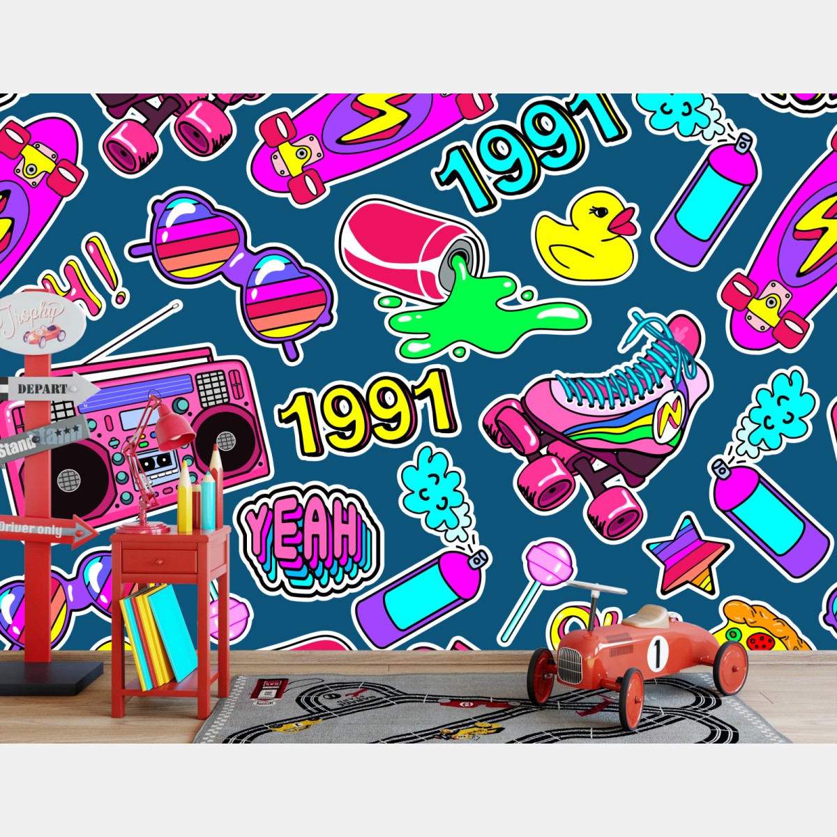 Wall mural vibrant 90s sticker collage • Wallissimo®