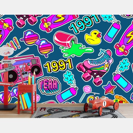 Wall mural vibrant 90s sticker collage • Wallissimo®